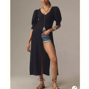 By Anthropologie Sheer Ribbed Button-Front Tunic Womens Small Long Layering Top